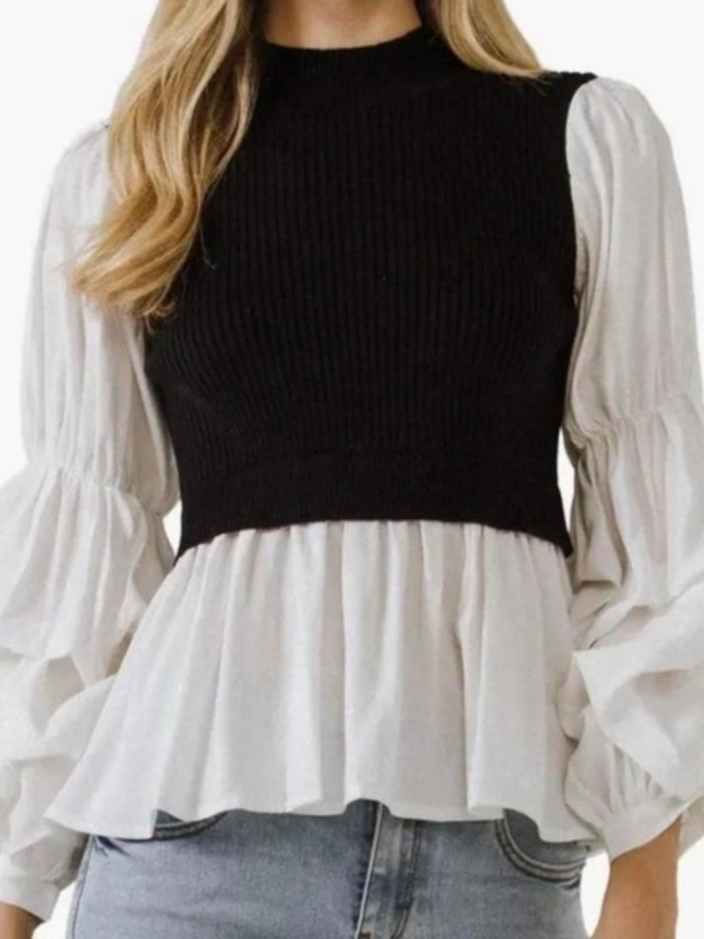 Black Cropped Knit Vest Over White Peplum Blouse - Women’s Layered Top